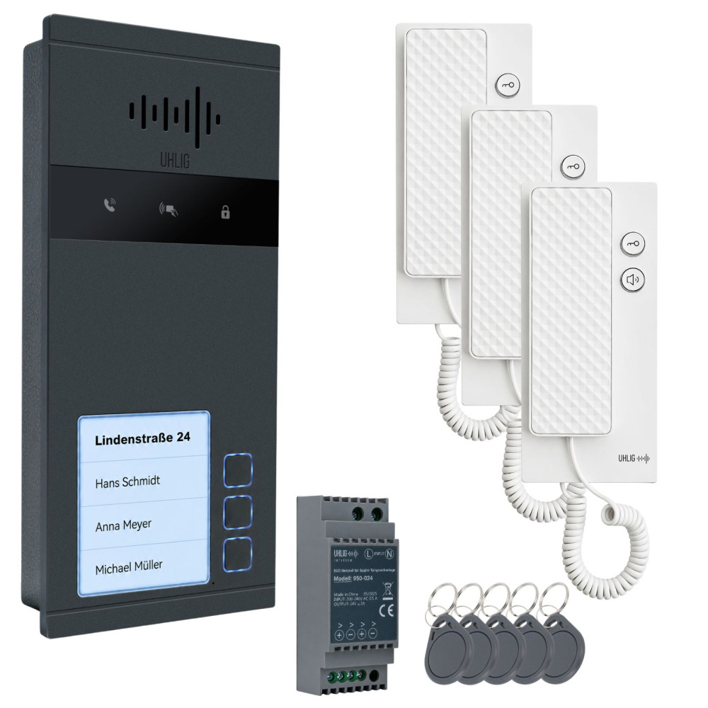 Saphir 2-Draht BUS Türsprechanlage Set für 4 Parteien: Türstation mit 4 Klingeln und RFID, 4 Innenstationen, Netzteil